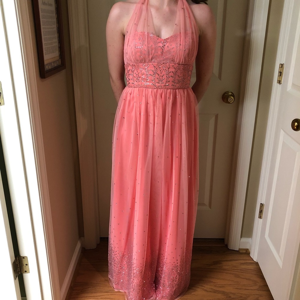 Peach prom dress with glitter design